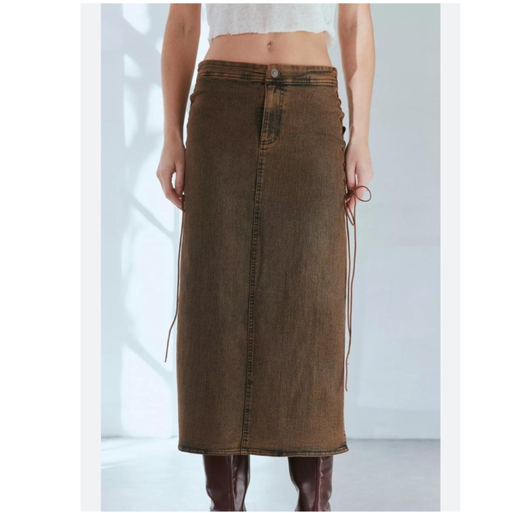 Urban outfitters Side Lace up Fall brown denim midi skirt - Picture 2 of 4